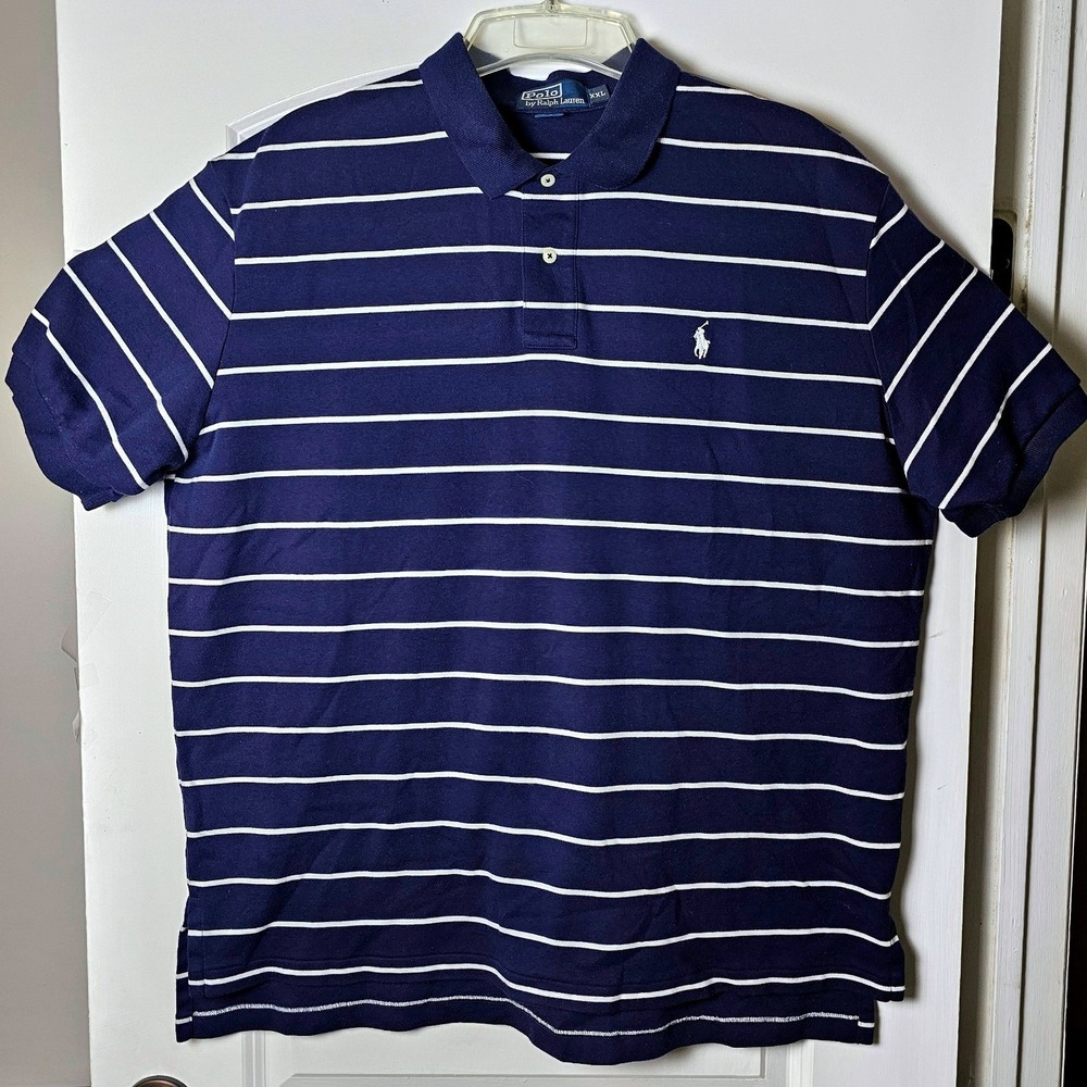 Polo Ralph Lauren Men XXL Navy Blue White Striped Short Sleeve Cotton Polo Shirt